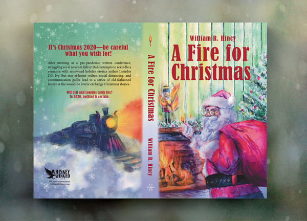 Book cover, Christmas, santa, train, fireplace, snow